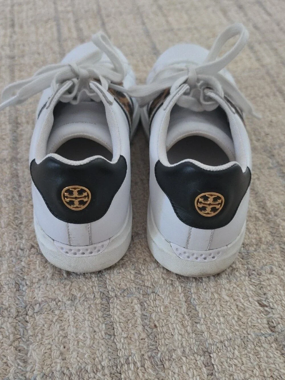 Tory Burch White Leather Sneakers with Leopard Print and Black Trim